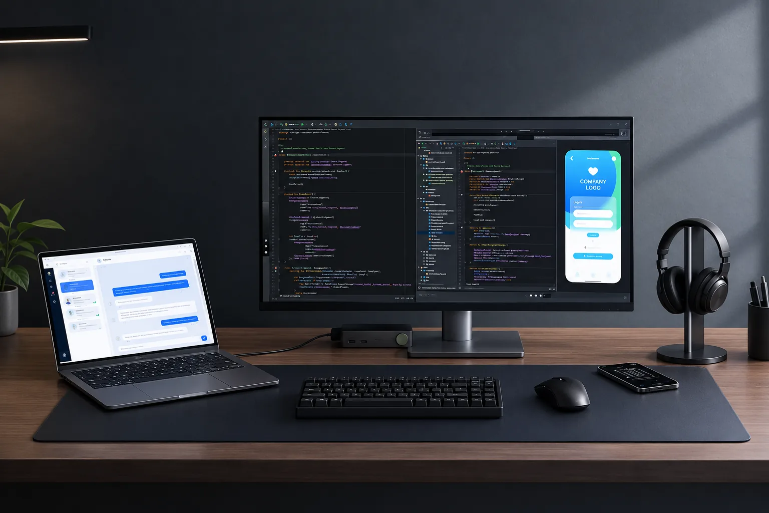 Developer desk with code editor, laptop chat app and phone mockup